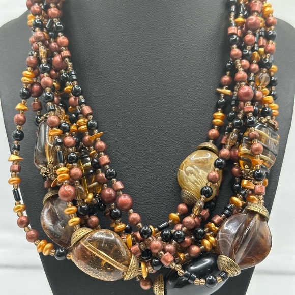 Chicos multi beaded bib, choker necklace, and brown, black brass colors - Picture 6 of 12